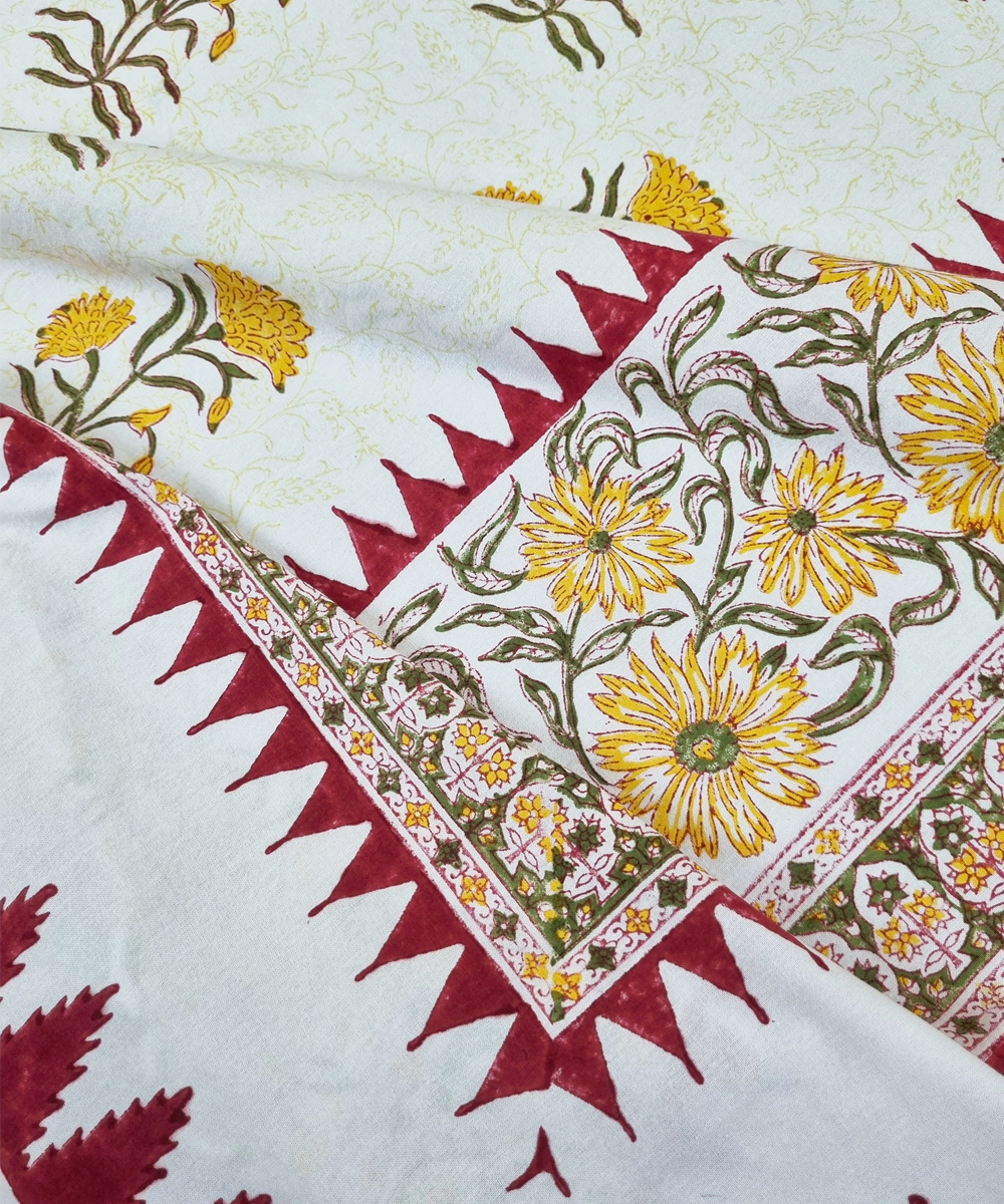 Maroon Yellow Floral Block Printed Cotton King Bedsheet with 2 Pillow Covers