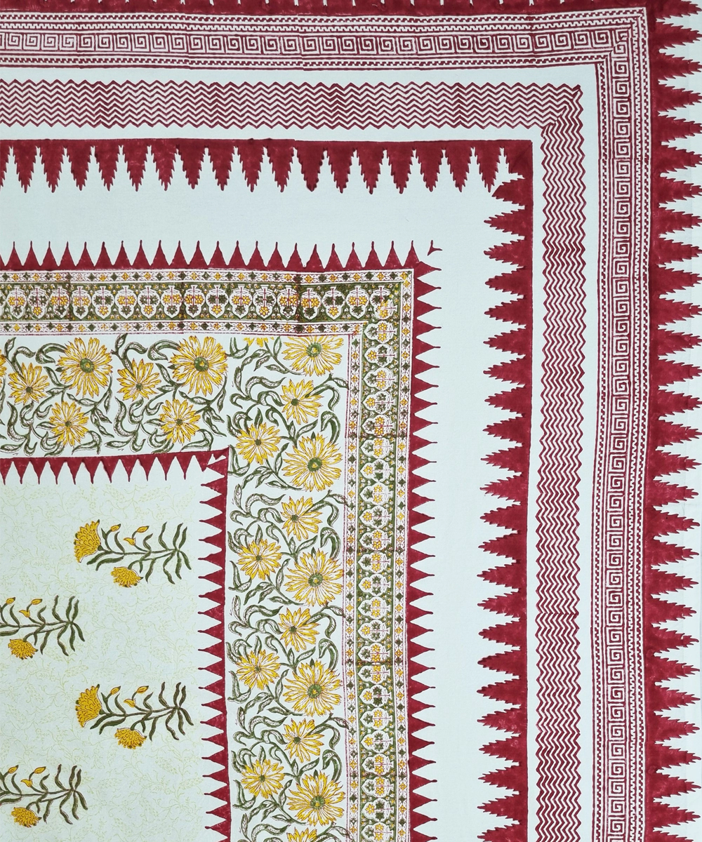Maroon Yellow Floral Block Printed Cotton King Bedsheet with 2 Pillow Covers