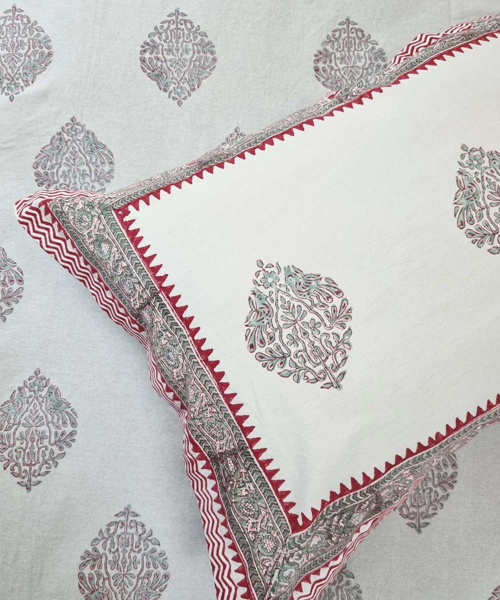 Maroon Olive Parrot Floral Block Printed Cotton King Bedsheet with 2 Pillow Covers