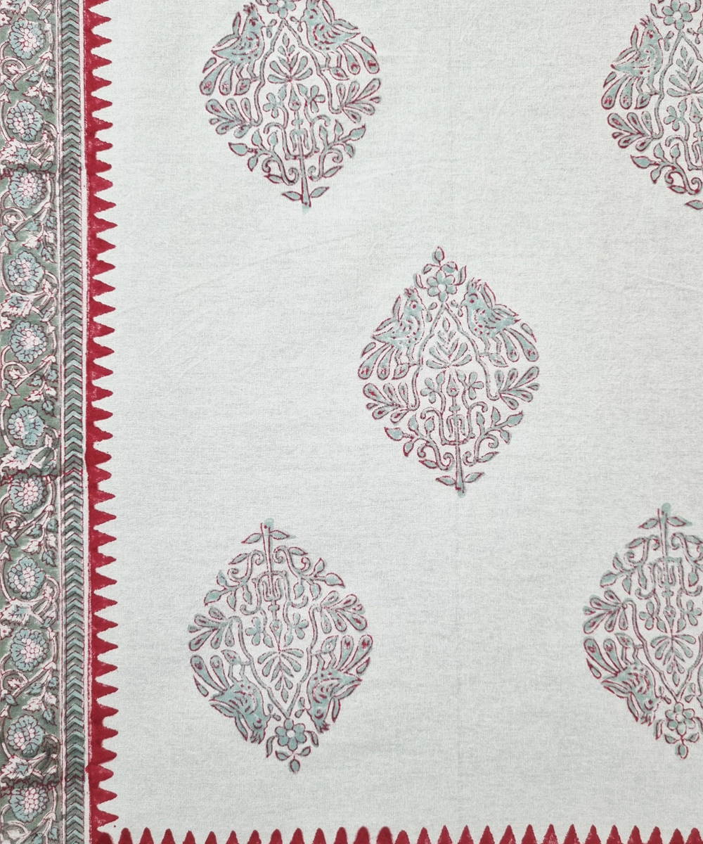 Maroon Olive Parrot Floral Block Printed Cotton King Bedsheet with 2 Pillow Covers