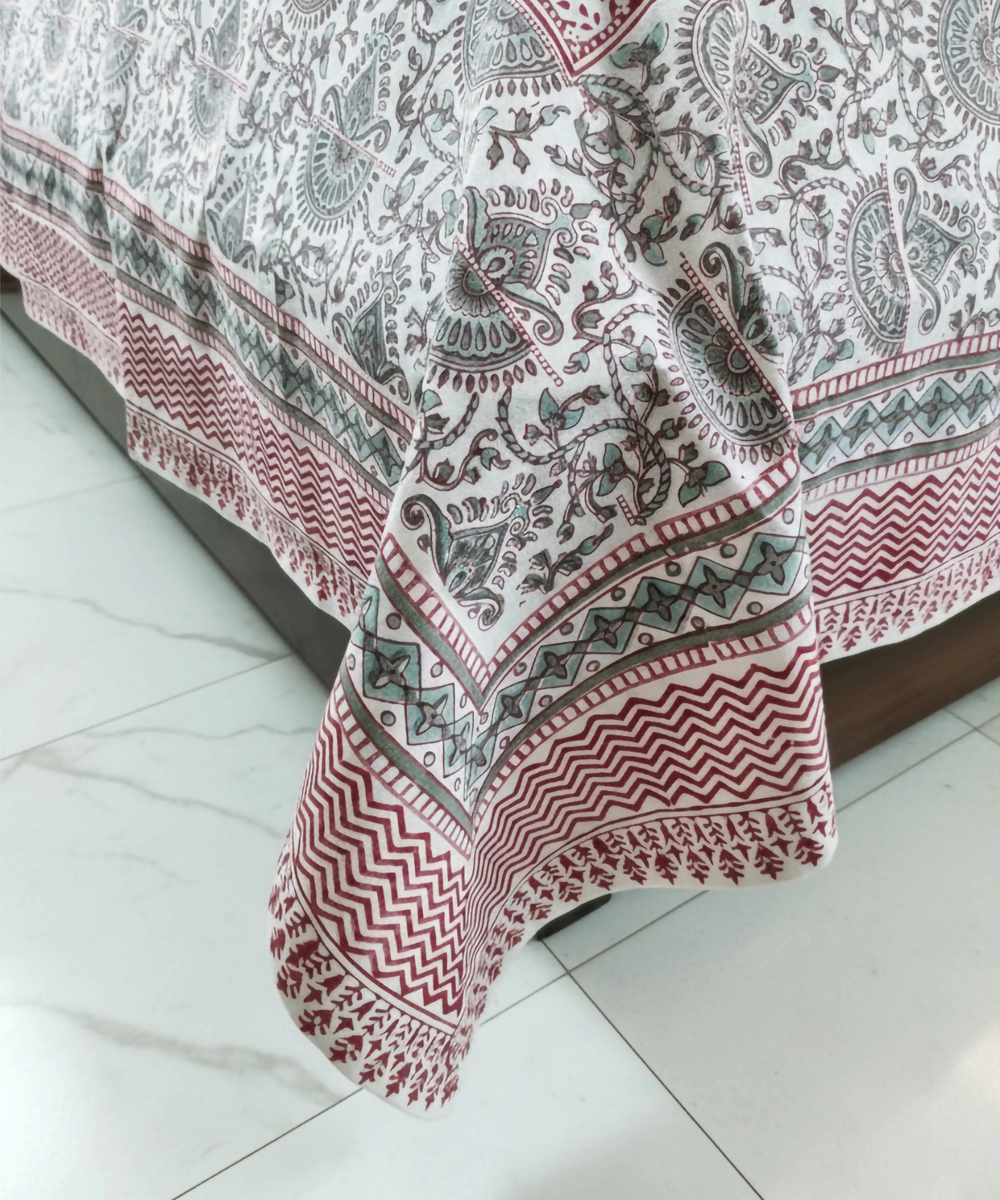 Maroon Olive Parrot Floral Block Printed Cotton King Bedsheet with 2 Pillow Covers