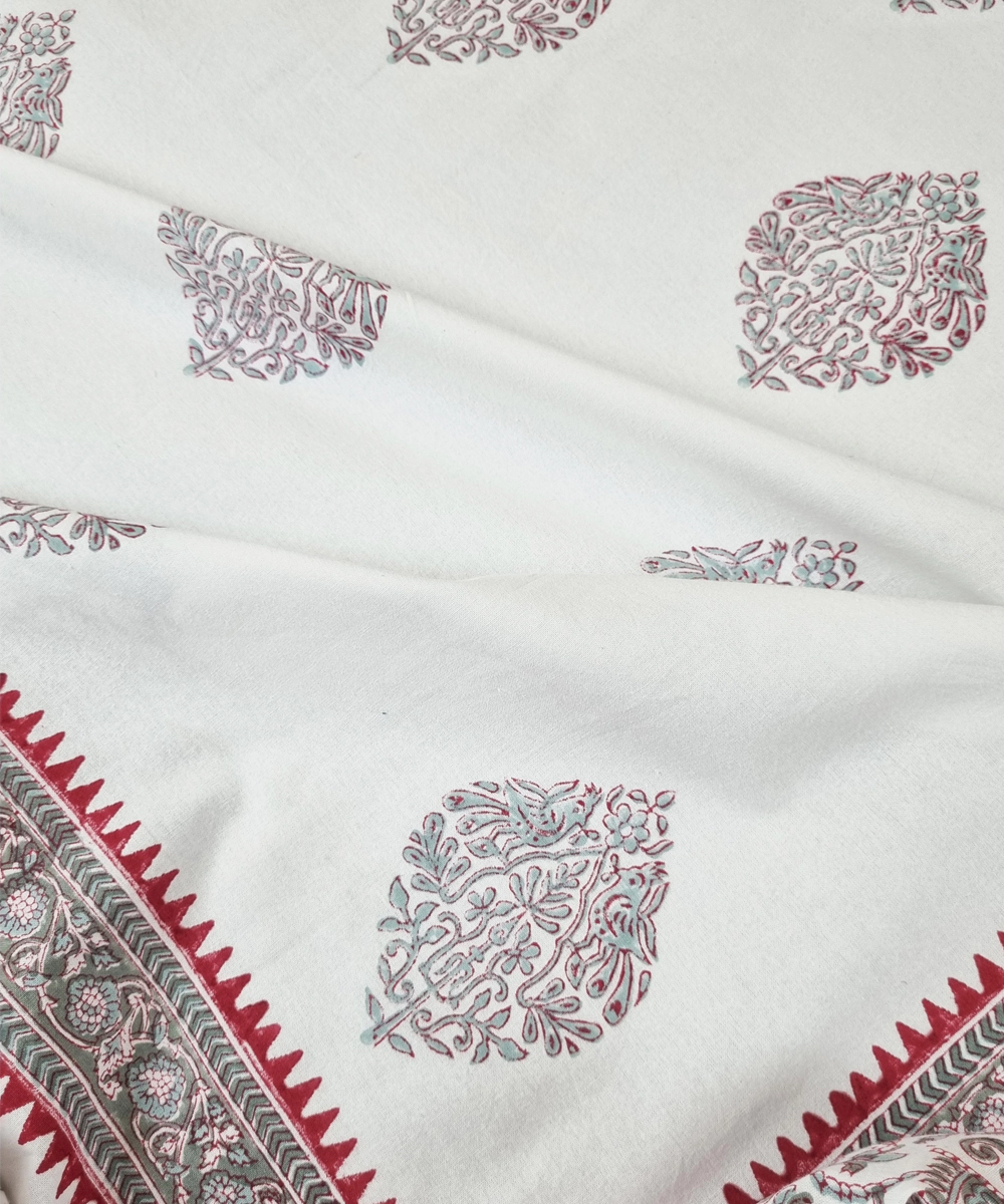 Maroon Olive Parrot Floral Block Printed Cotton King Bedsheet with 2 Pillow Covers