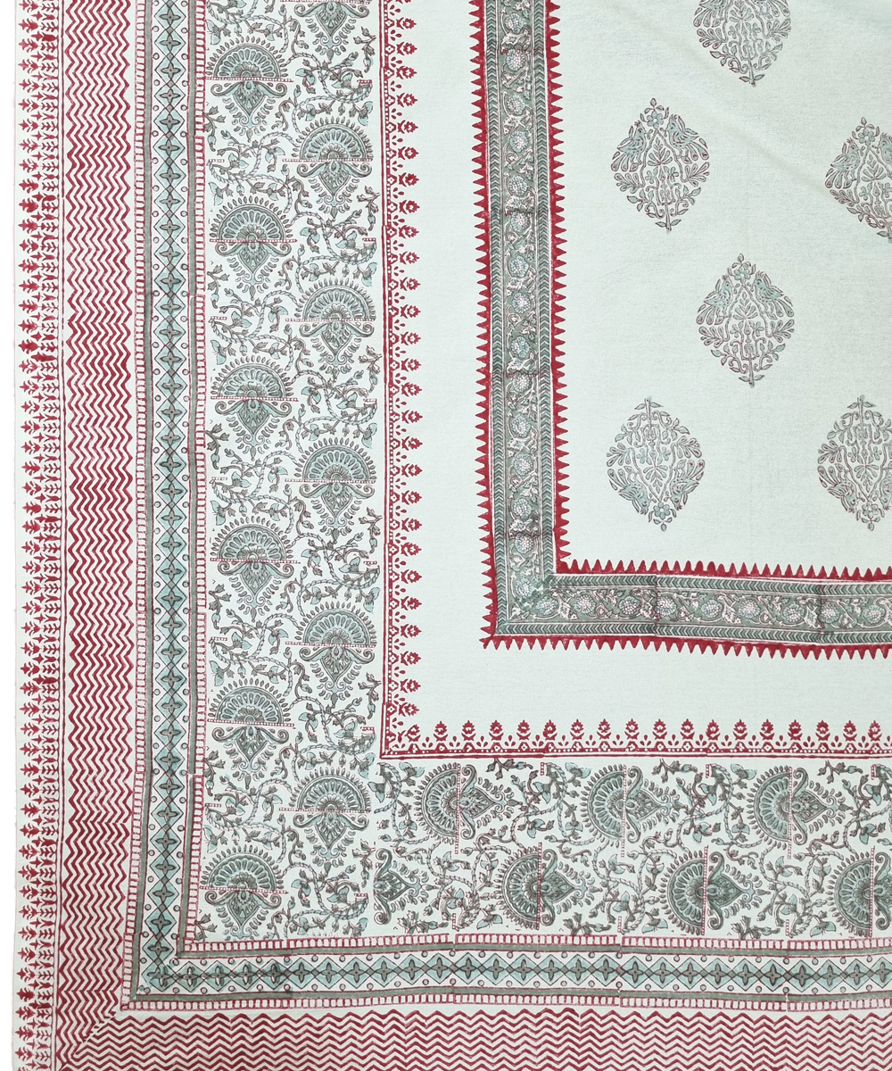 Maroon Olive Parrot Floral Block Printed Cotton King Bedsheet with 2 Pillow Covers