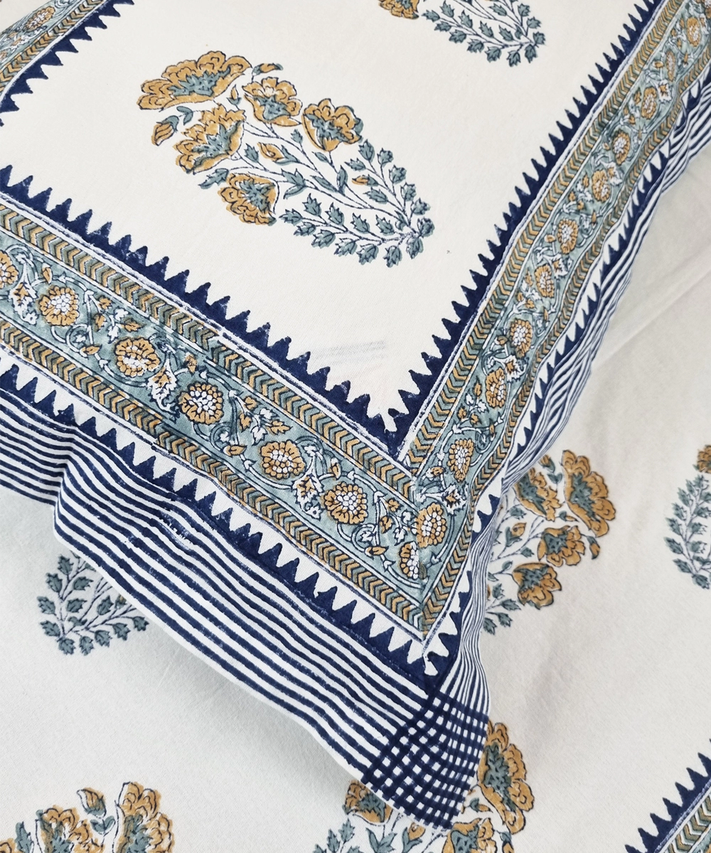 Indigo Coffee Floral Stripe Block Printed Cotton King Bedsheet with 2 Pillow Covers