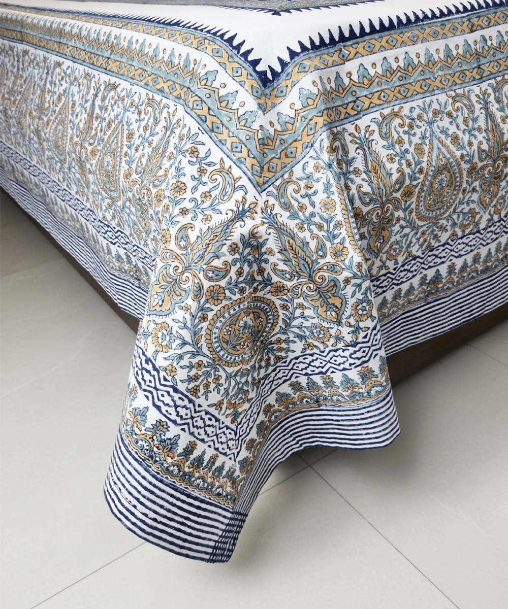 Indigo Coffee Floral Stripe Block Printed Cotton King Bedsheet with 2 Pillow Covers