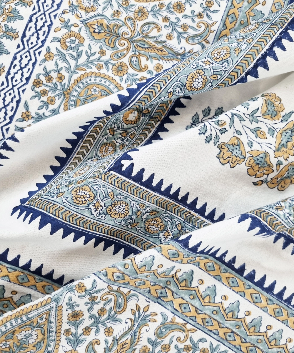 Indigo Coffee Floral Stripe Block Printed Cotton King Bedsheet with 2 Pillow Covers