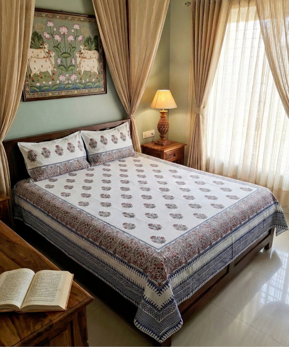 Indigo Pink Paisley Floral Stripe Block Printed Cotton Queen Bedsheet with 2 Pillow Covers