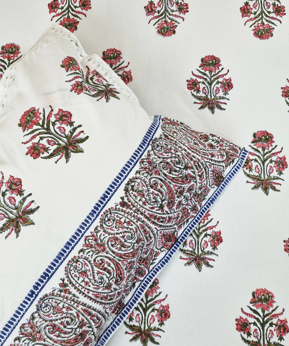 Indigo Pink Paisley Floral Stripe Block Printed Cotton Queen Bedsheet with 2 Pillow Covers