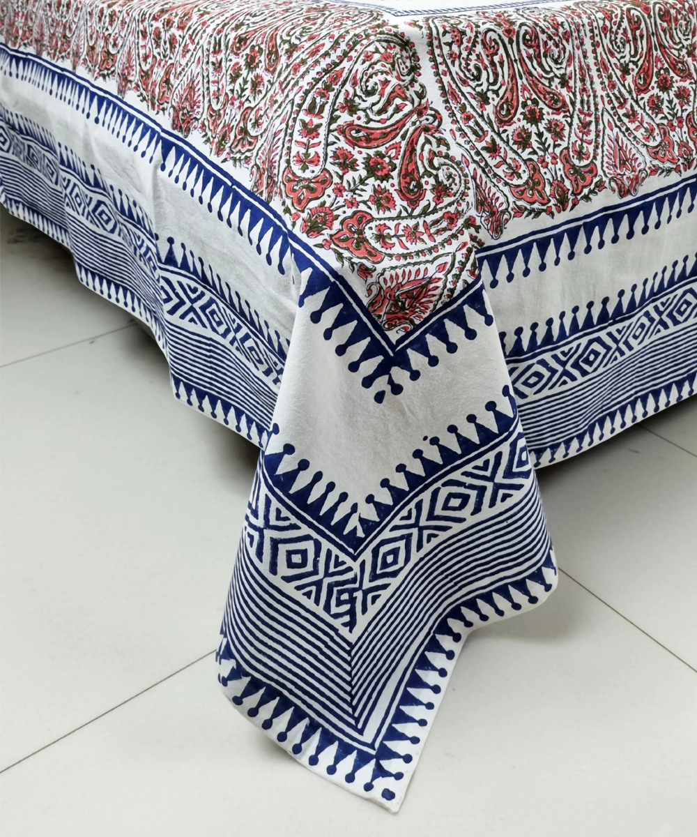 Indigo Pink Paisley Floral Stripe Block Printed Cotton Queen Bedsheet with 2 Pillow Covers