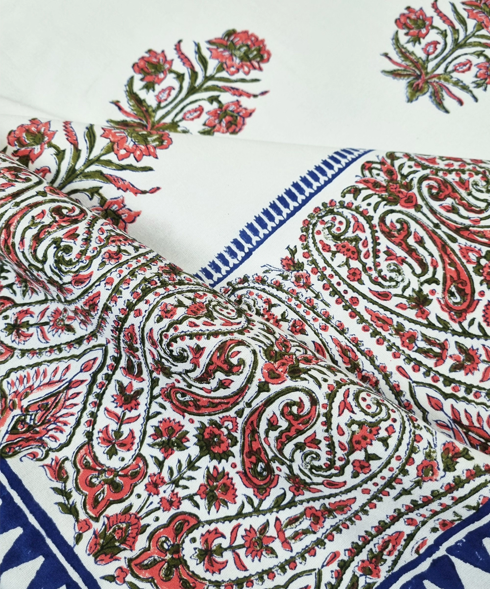 Indigo Pink Paisley Floral Stripe Block Printed Cotton Queen Bedsheet with 2 Pillow Covers