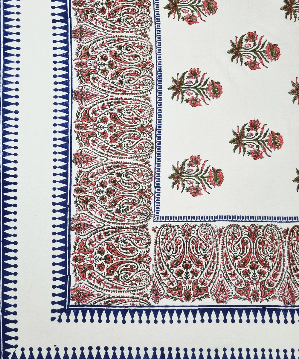 Indigo Pink Paisley Floral Stripe Block Printed Cotton Queen Bedsheet with 2 Pillow Covers