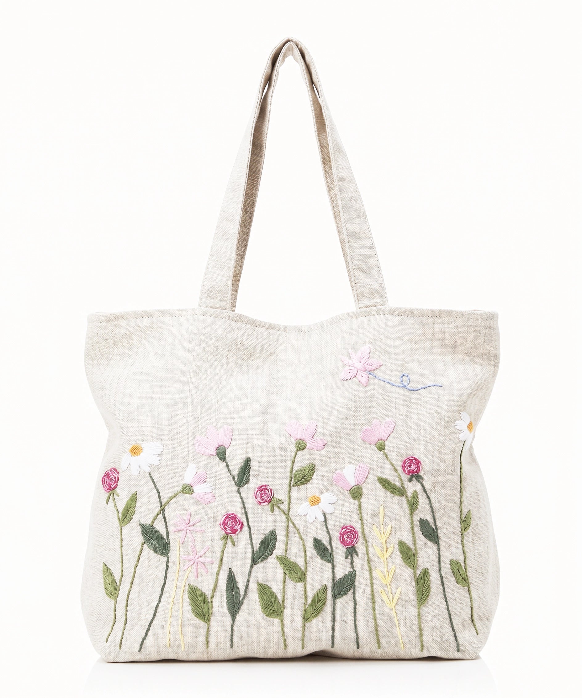 Deep Cream Hand Embroidered Tote Bag on Subtle Sheen Jacquard Fabric