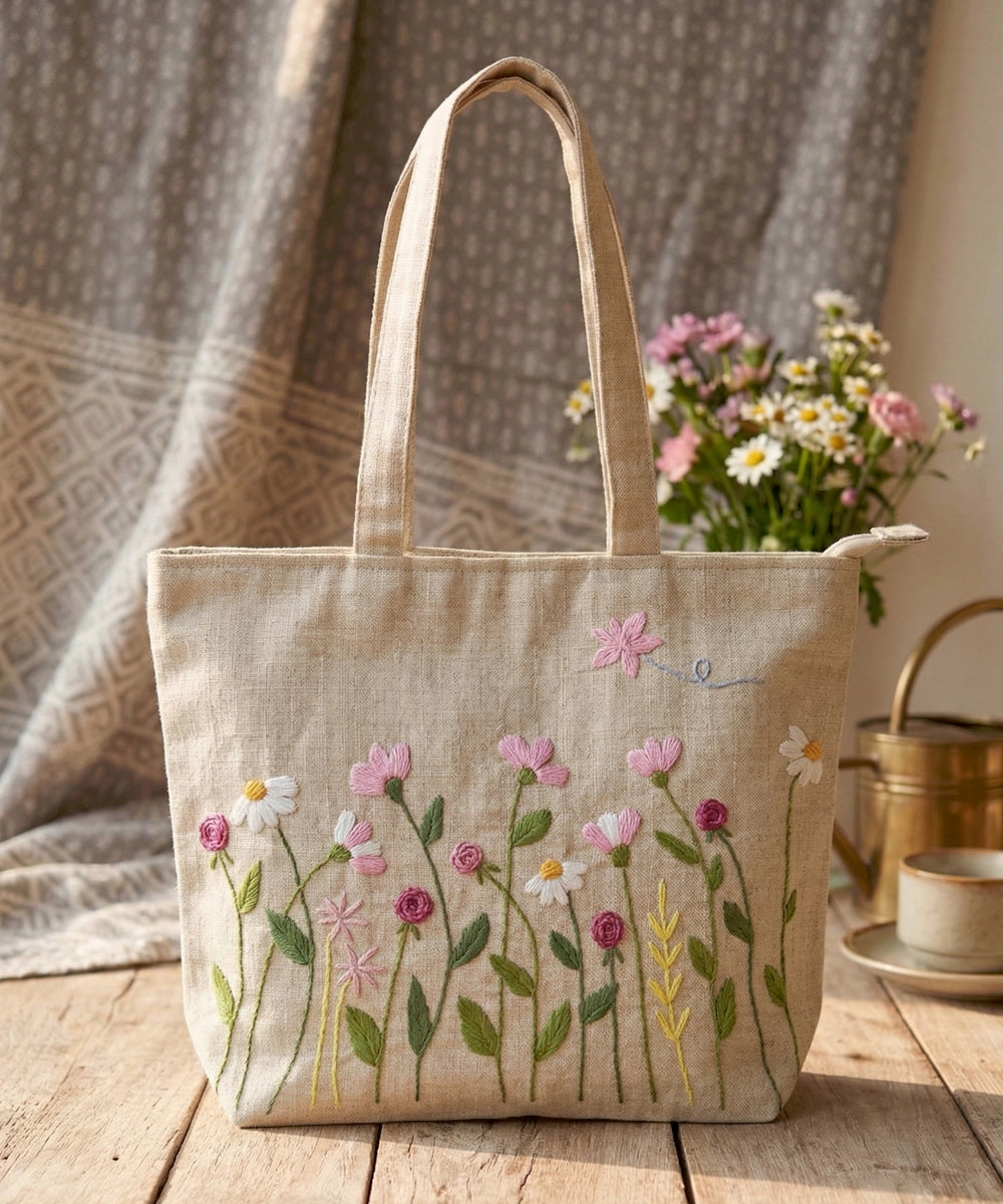 Deep Cream Hand Embroidered Tote Bag on Subtle Sheen Jacquard Fabric