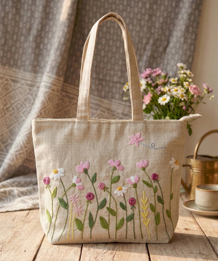 Deep Cream Hand Embroidered Tote Bag on Subtle Sheen Jacquard Fabric