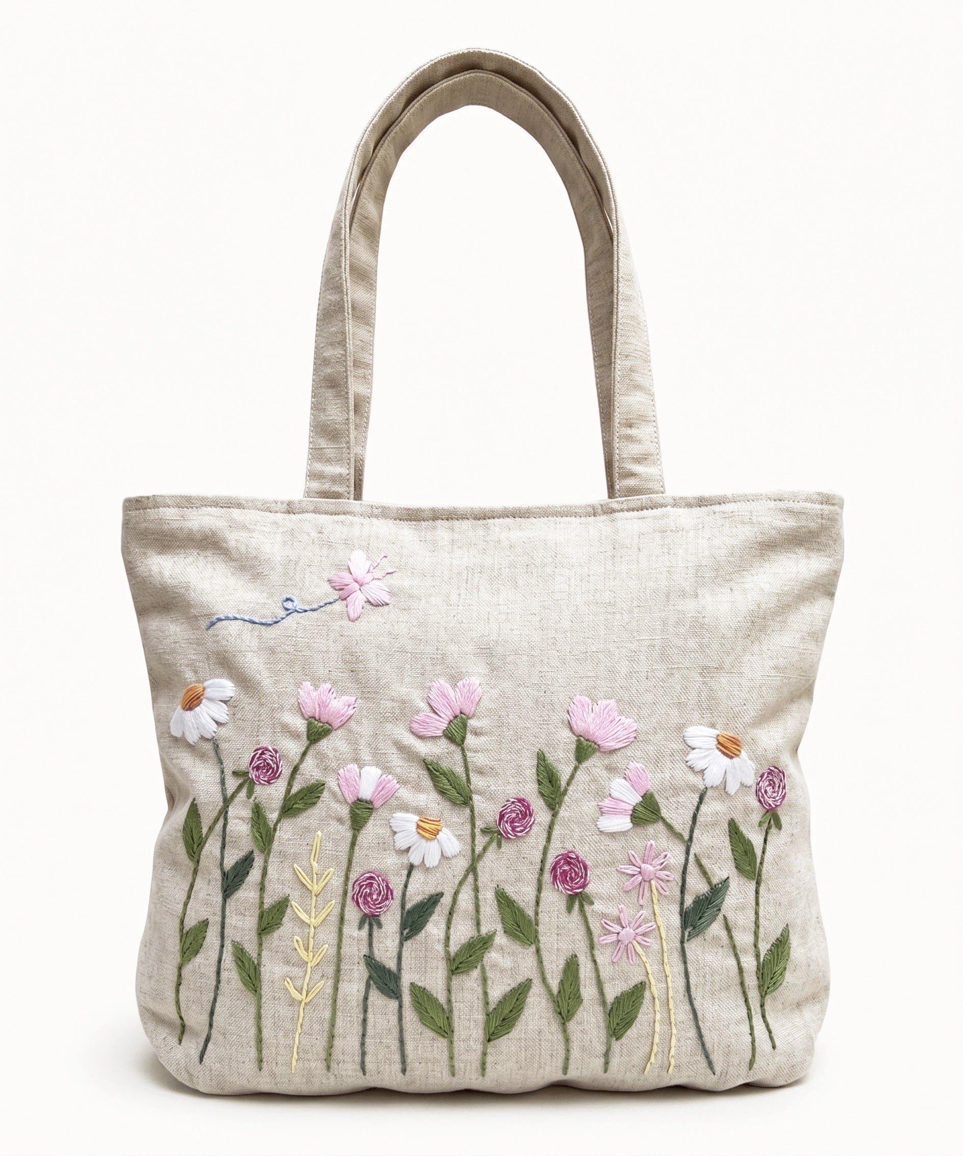 Deep Cream Hand Embroidered Tote Bag on Textured Cotton Slub Fabric