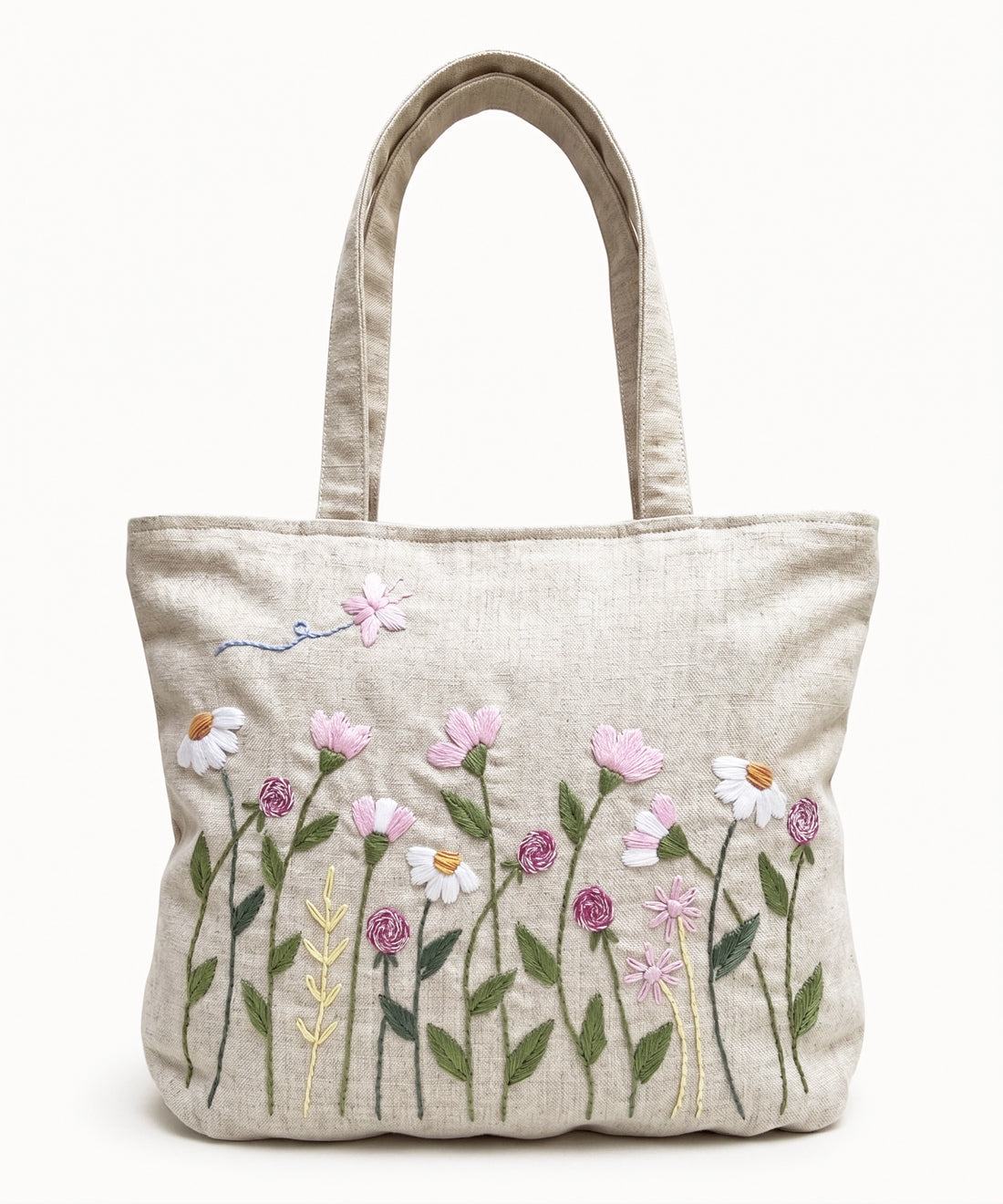 Deep Cream Hand Embroidered Tote Bag on Textured Cotton Slub Fabric