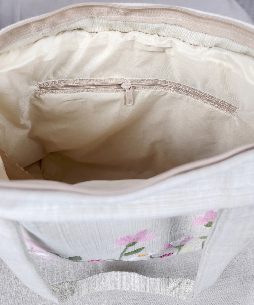 Deep Cream Hand Embroidered Tote Bag on Textured Cotton Slub Fabric