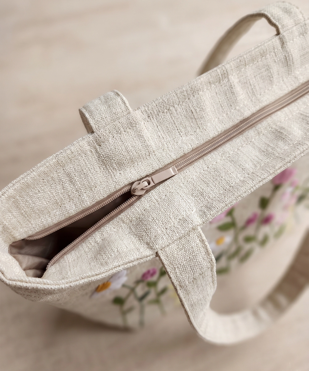 Deep Cream Hand Embroidered Tote Bag on Textured Cotton Slub Fabric