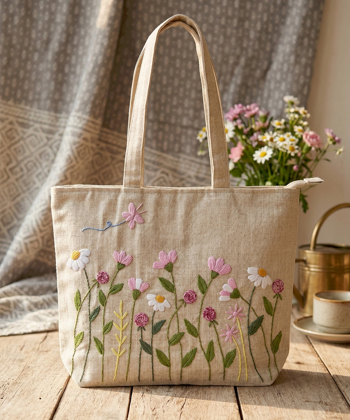 Deep Cream Hand Embroidered Tote Bag on Textured Cotton Slub Fabric