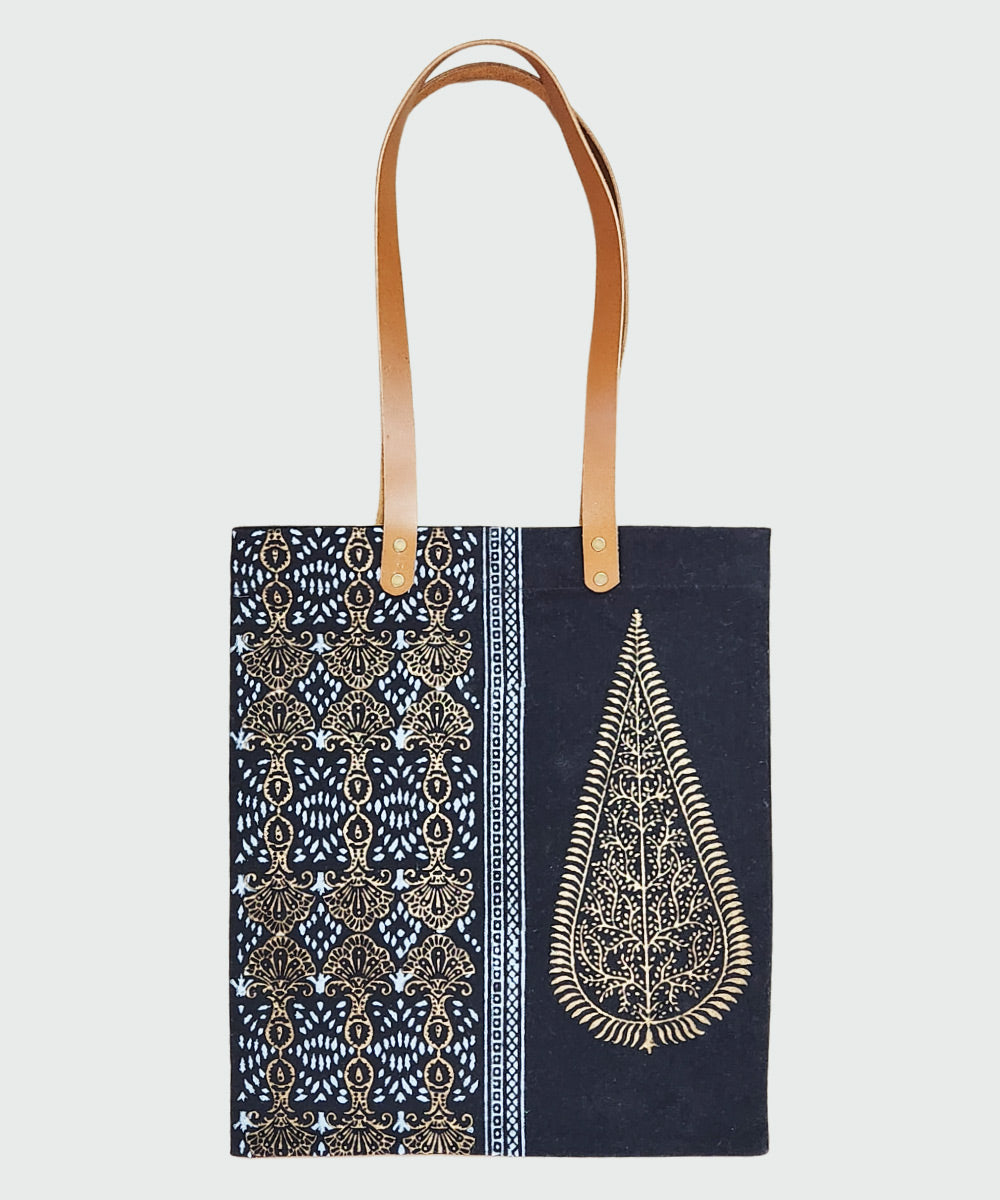 Black with Golden Hand Block Printed Canvas Tote Bag | Leather Handle