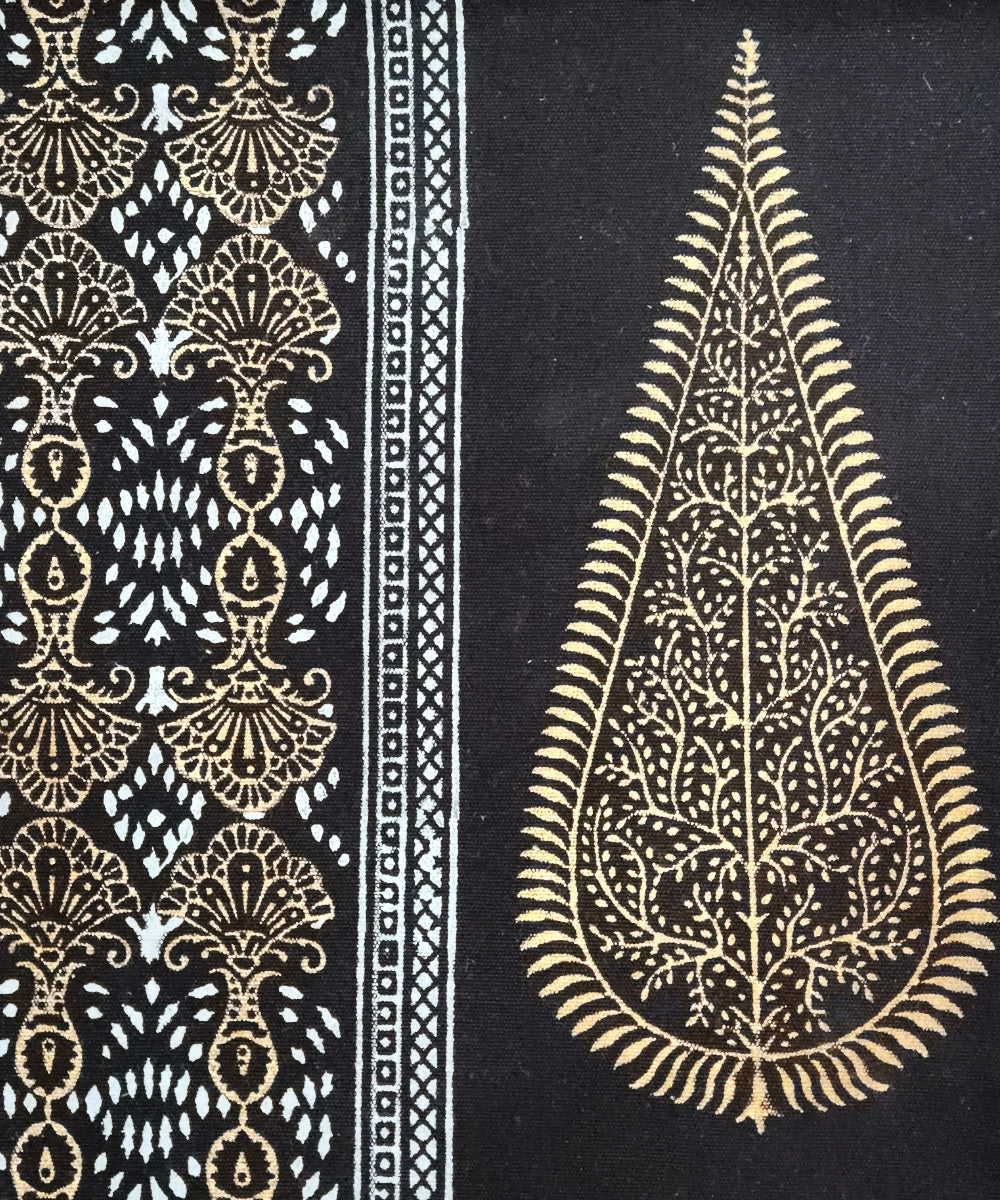 Black with Golden Hand Block Printed Canvas Tote Bag | Leather Handle