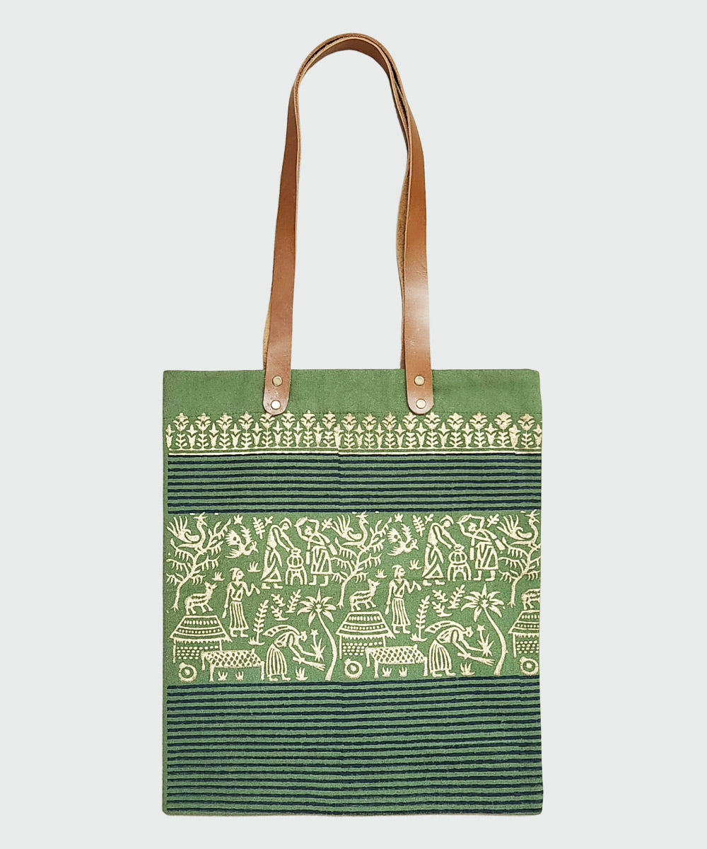 Olive with Golden & Navy Hand Block Printed Canvas Tote Bag | Leather Handle