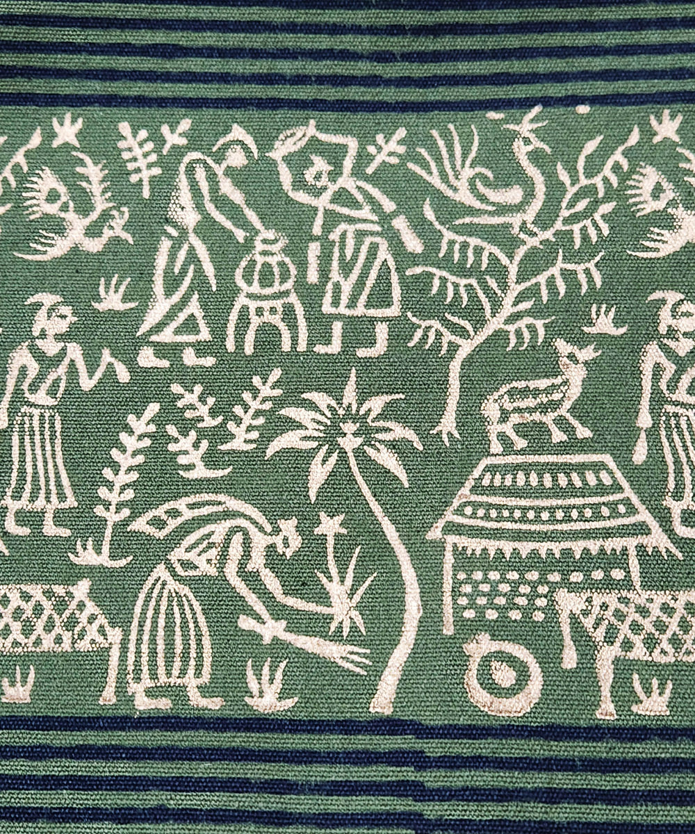 Olive with Golden & Navy Hand Block Printed Canvas Tote Bag | Leather Handle