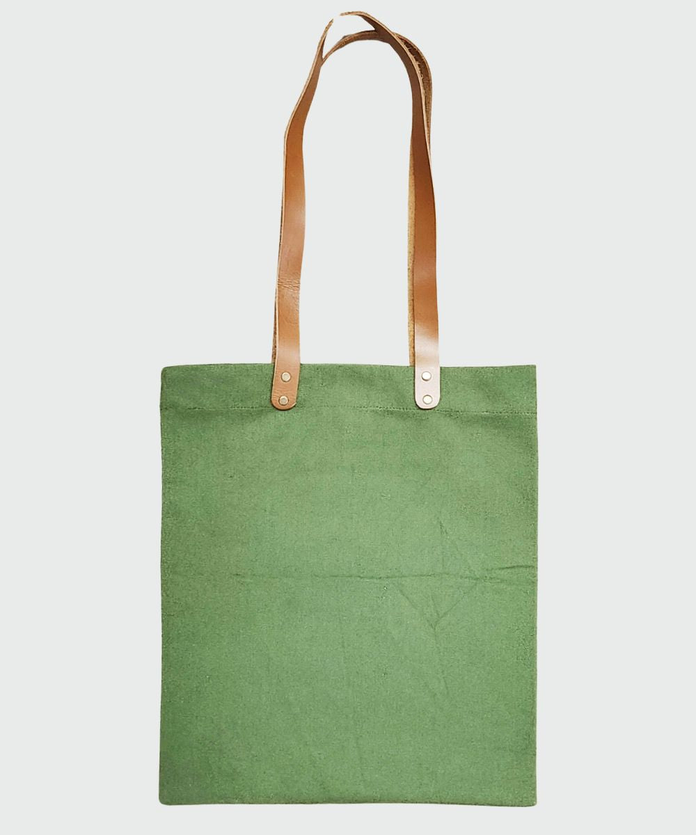 Olive with Golden & Navy Hand Block Printed Canvas Tote Bag | Leather Handle