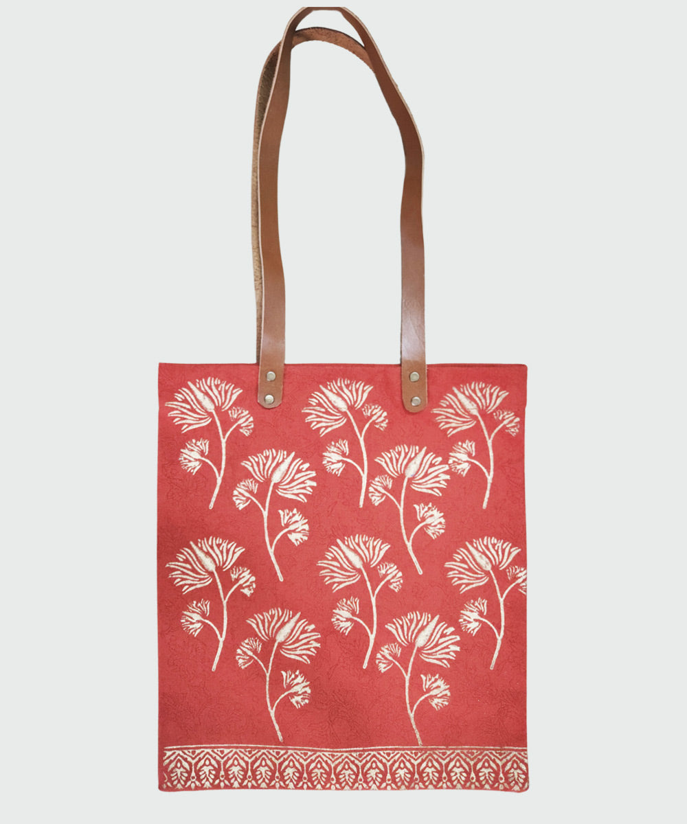 Burnt Orange with Golden Hand Block Printed Canvas Tote Bag | Leather Handle