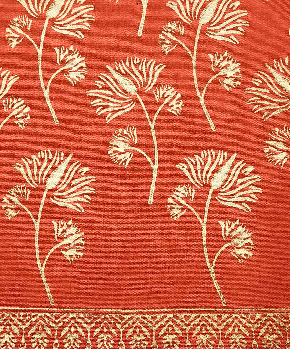 Burnt Orange with Golden Hand Block Printed Canvas Tote Bag | Leather Handle