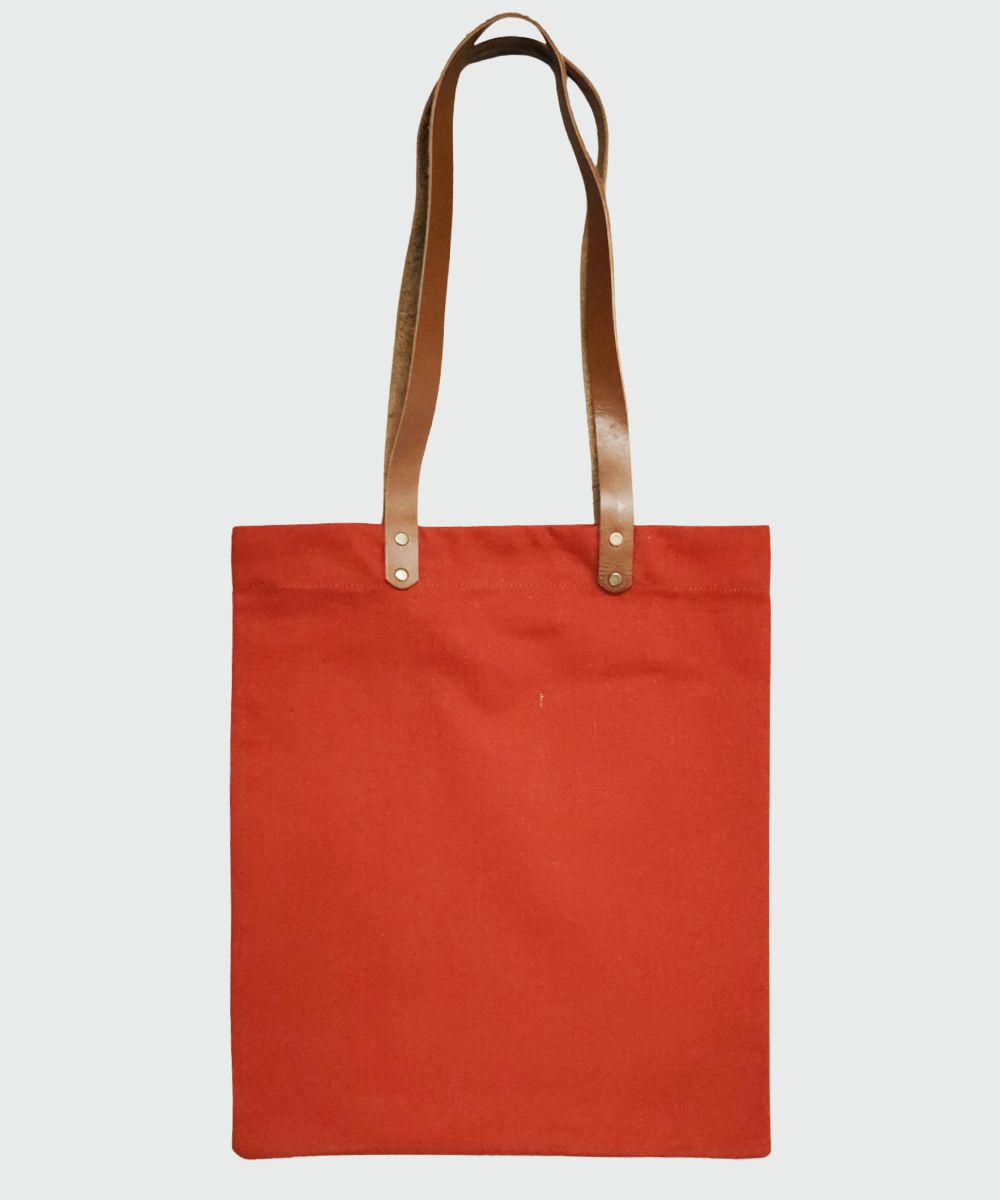 Burnt Orange with Golden Hand Block Printed Canvas Tote Bag | Leather Handle