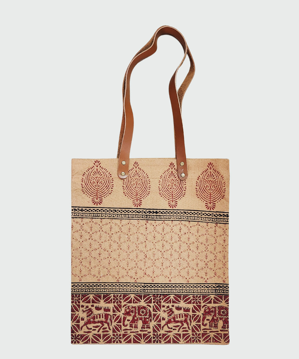 Beige with Maroon & Black Hand Block Printed Canvas Tote Bag | Leather Handle