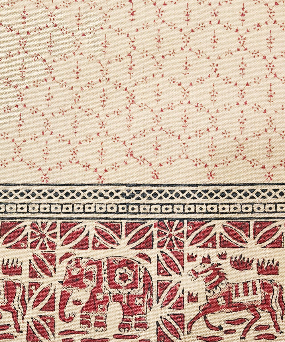 Beige with Maroon & Black Hand Block Printed Canvas Tote Bag | Leather Handle