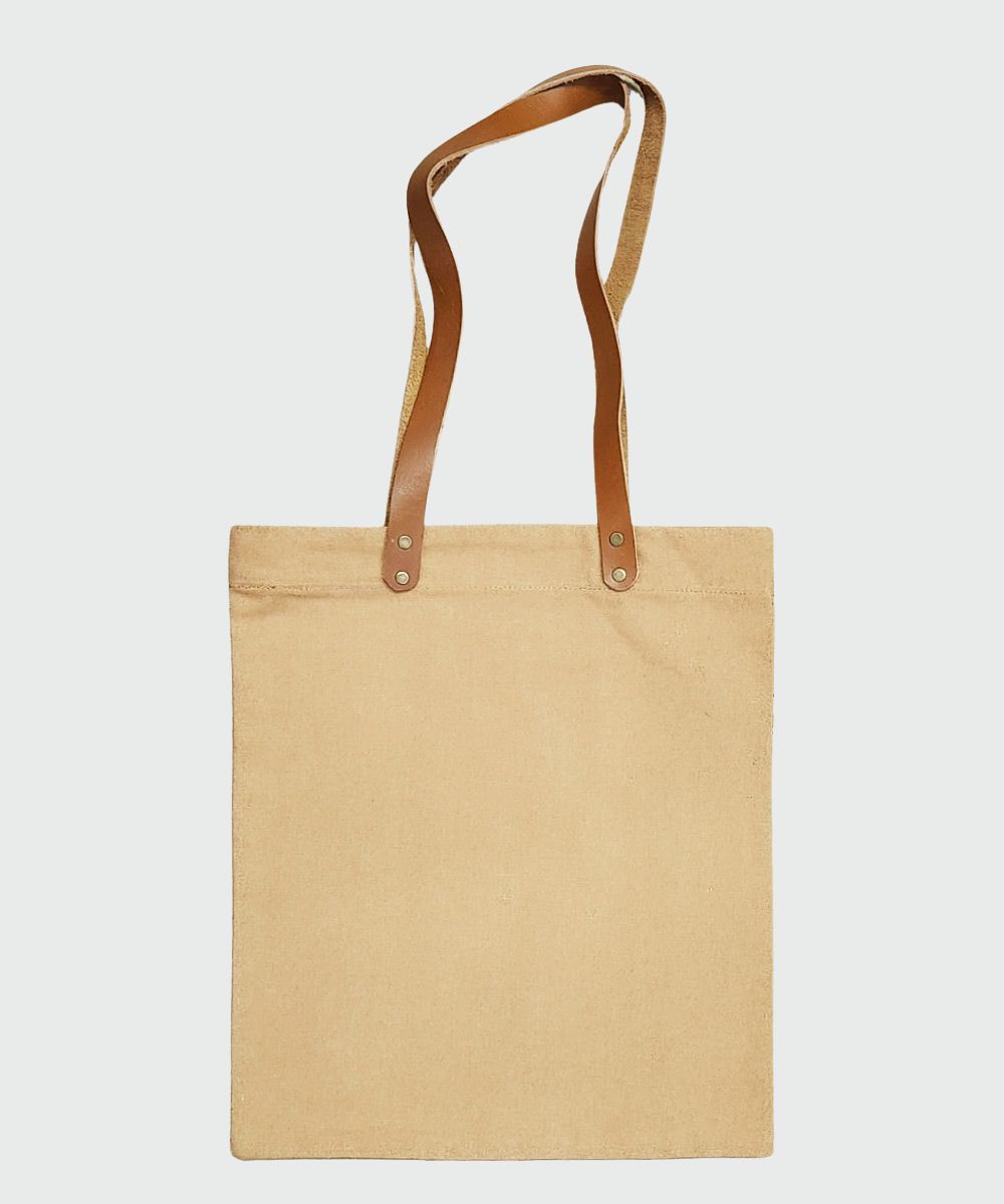 Beige with Maroon & Black Hand Block Printed Canvas Tote Bag | Leather Handle