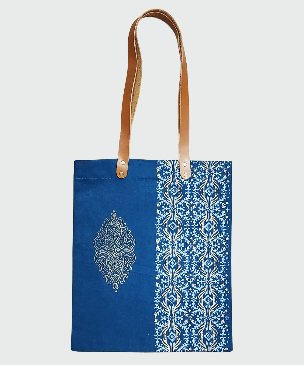 Teal with Golden Hand Block Printed Canvas Tote Bag | Leather Handle