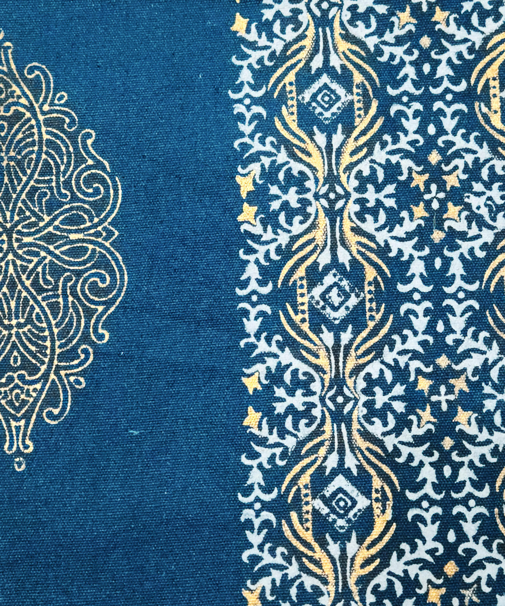 Teal with Golden Hand Block Printed Canvas Tote Bag | Leather Handle