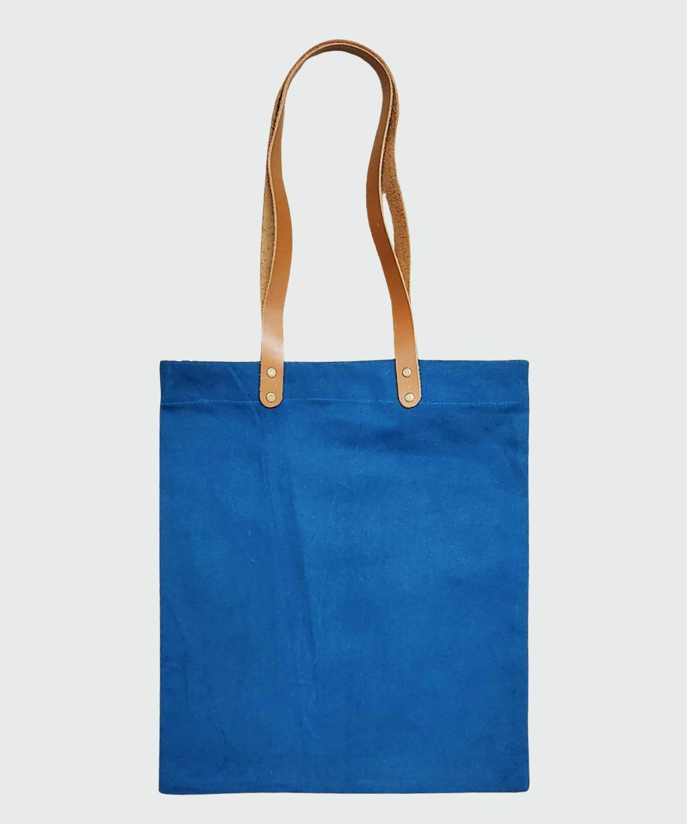 Teal with Golden Hand Block Printed Canvas Tote Bag | Leather Handle