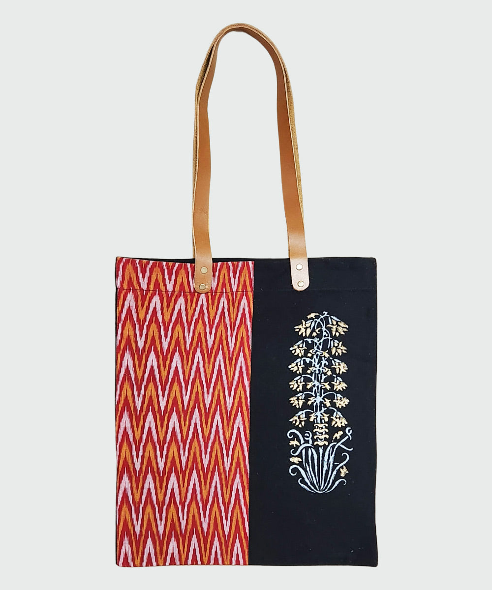 Black with Golden & Red Ikat Hand Block Printed Canvas Tote Bag | Leather Handle
