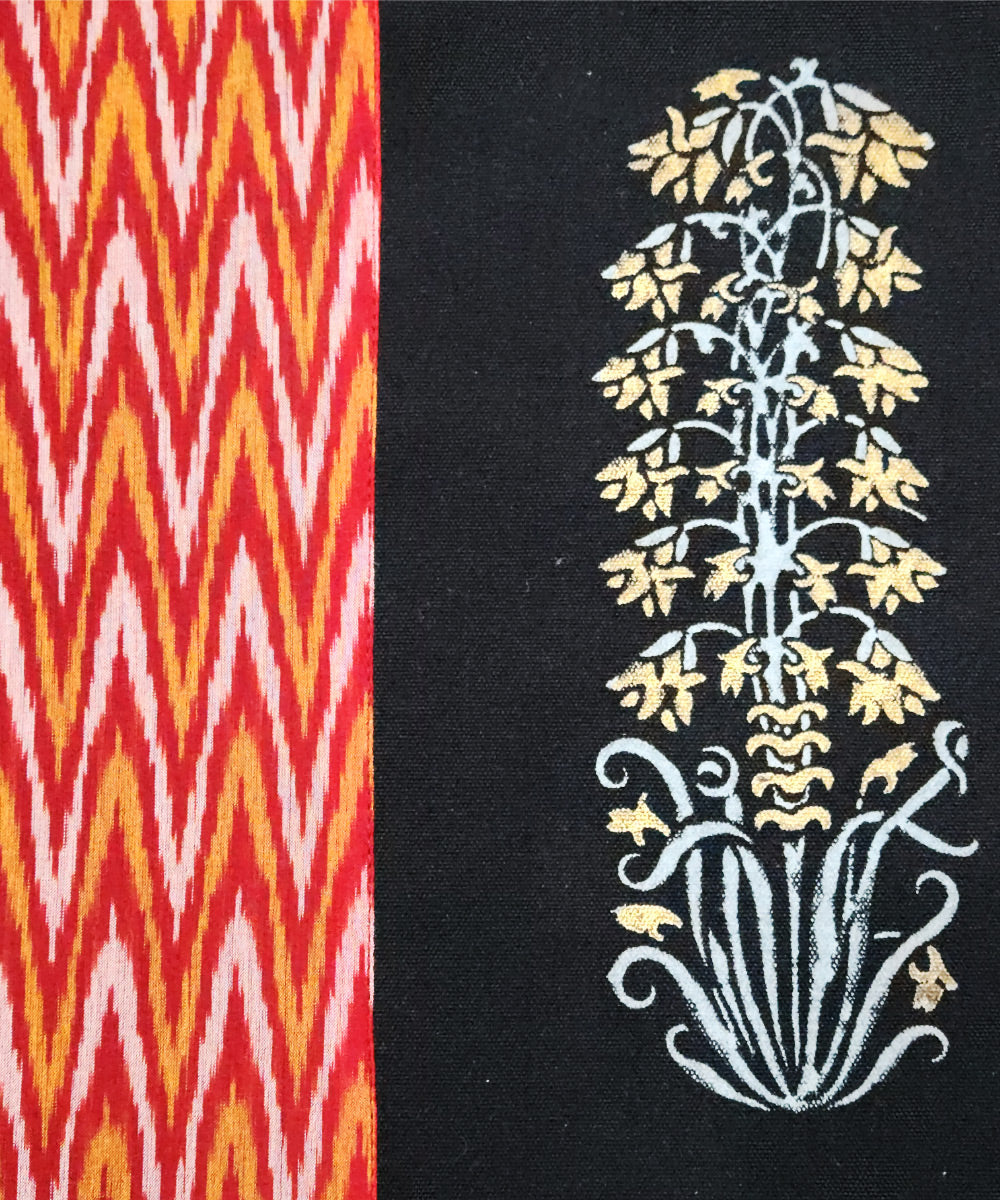 Black with Golden & Red Ikat Hand Block Printed Canvas Tote Bag | Leather Handle