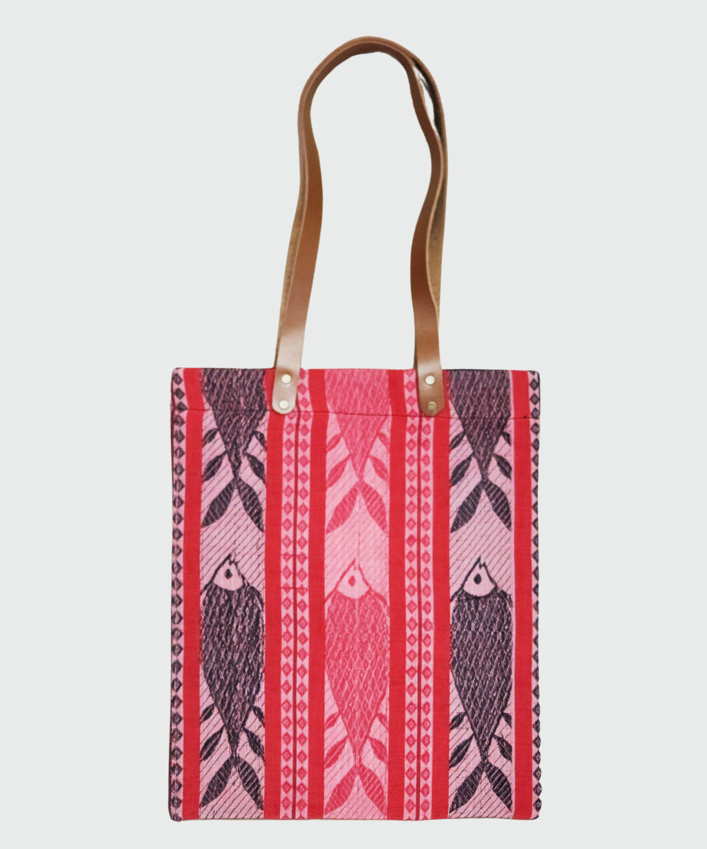 Handloom Fish with Cotton Canvas Tote Bag | Leather Handle