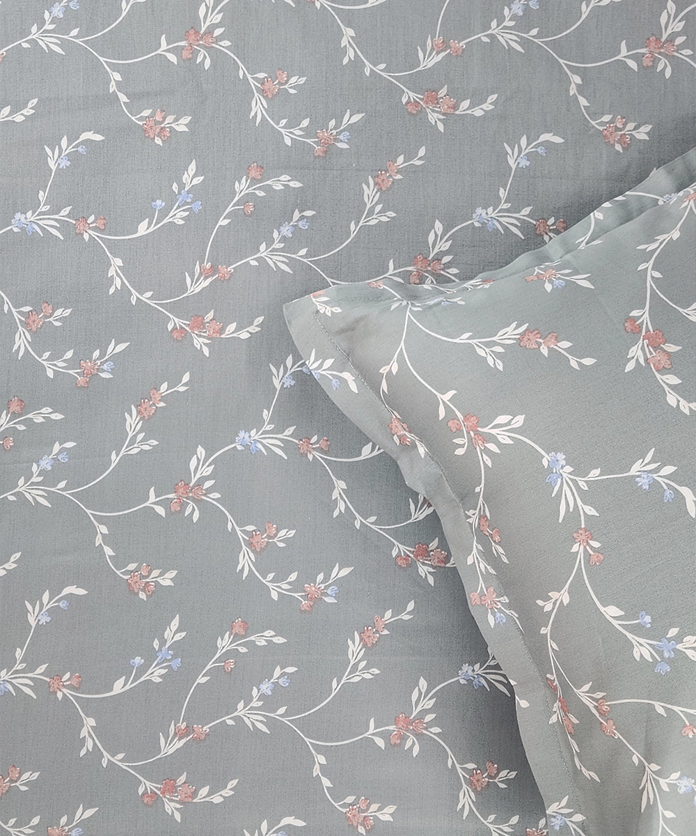 Dull Olive Floral Printed Cotton Sateen King Bedsheet with 2 Piilow Covers