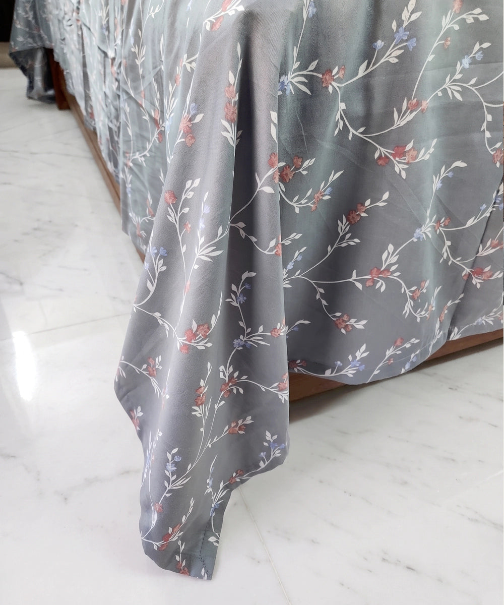 Dull Olive Floral Printed Cotton Sateen King Bedsheet with 2 Piilow Covers