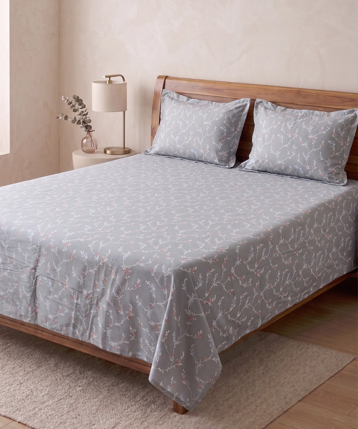 Dull Olive Floral Printed Cotton Sateen King Bedsheet with 2 Piilow Covers
