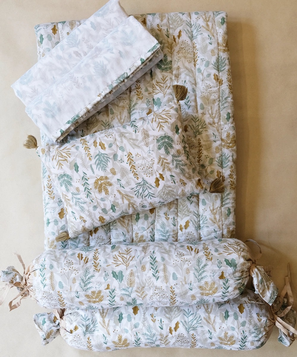 Mint Green Cotton Printed Baby Bedding with Dohar (Set of 1 Bedding, 1 Dohar, 1 Pillow & 2 Bolsters)