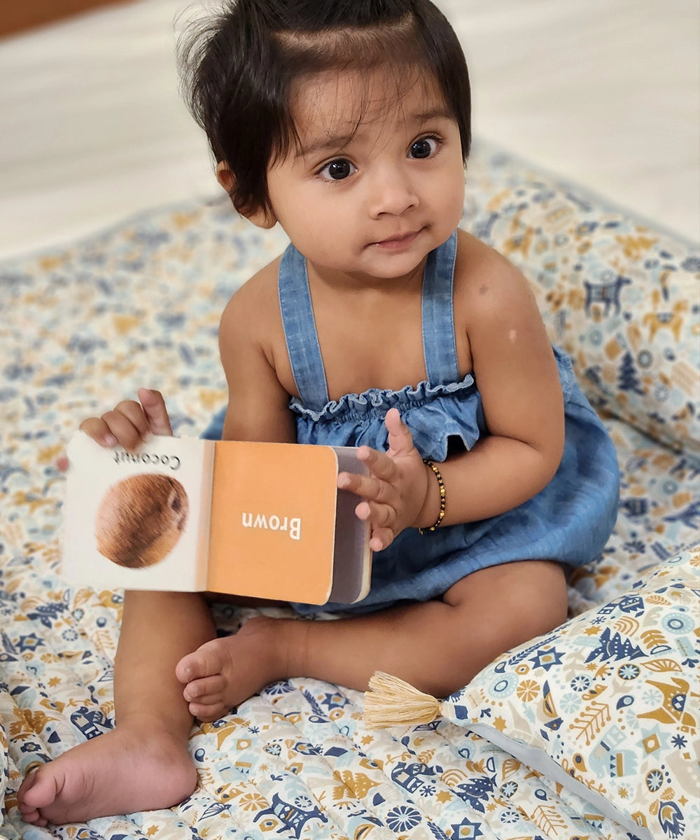 Blue Cotton Printed Baby Bedding with Quilt (Set of 1 Bedding, 1 Quilt, 1 Pillow & 2 Bolsters)