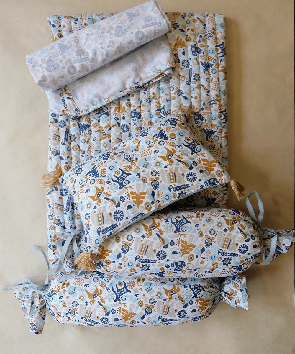 Blue  Cotton Printed Baby Bedding with Dohar (Set of 1 Bedding, 1 Dohar, 1 Pillow & 2 Bolsters)