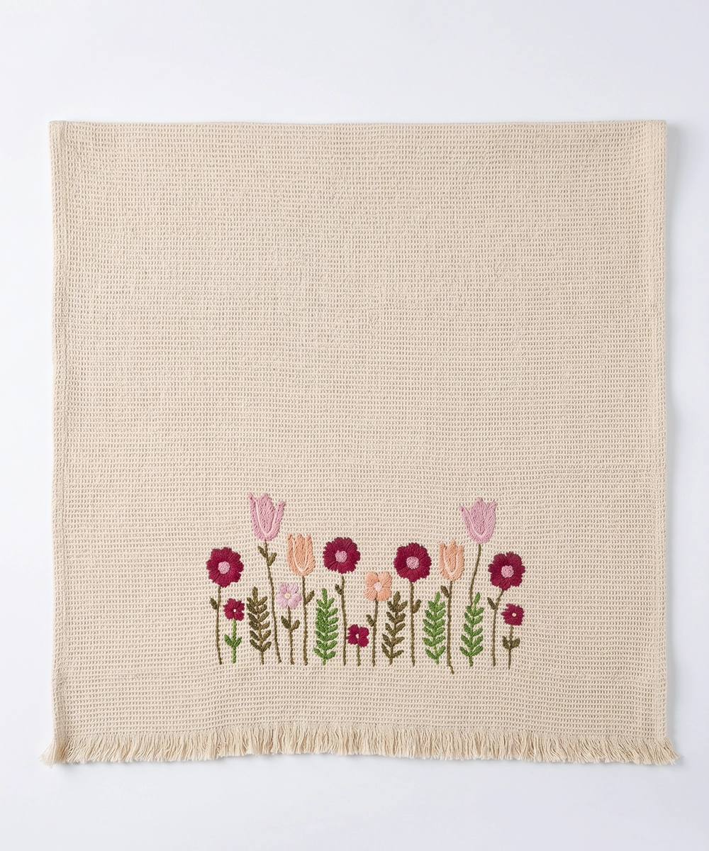 Embroidered Bath Towel | Soft Cotton Waffle | Beige