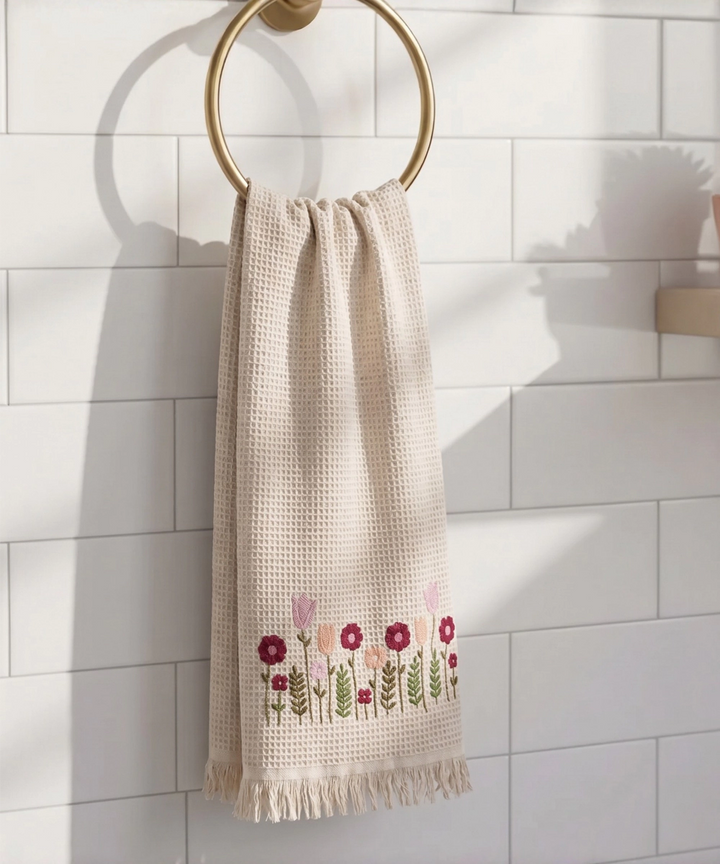 Embroidered Bath Towel | Soft Cotton Waffle | Beige