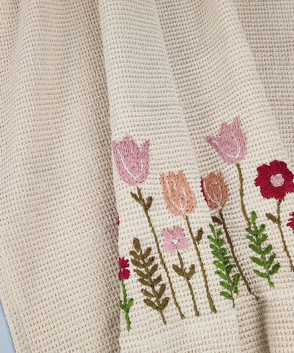 Embroidered Bath Towel | Soft Cotton Waffle | Beige