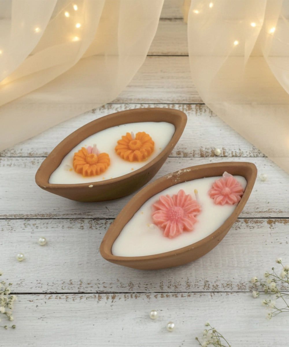 Set of 2 pcs Terracotta Boat Soy Wax Candle | 12-15 Burning Hours